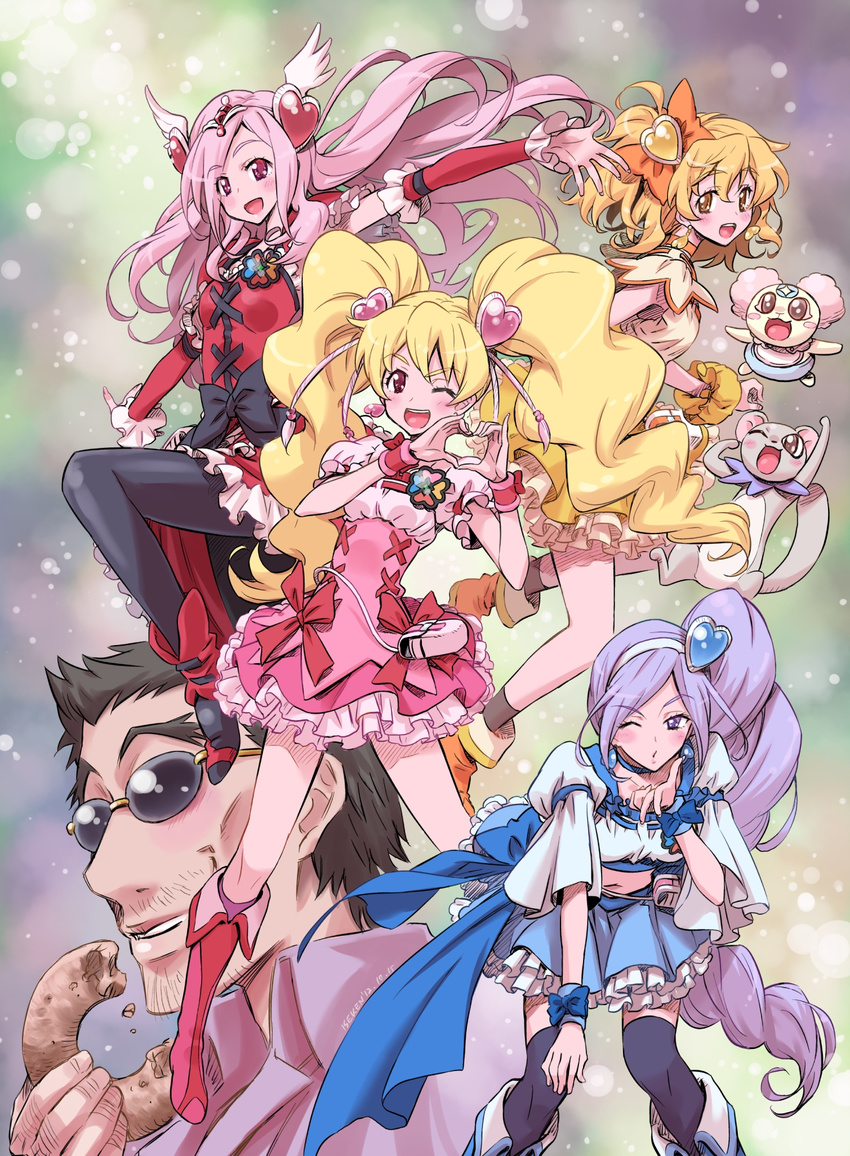 1boy 4girls :d ;d aono_miki blonde_hair blue_skirt blue_wrist_cuffs boots bow chiffon_(fresh_precure!) choker commentary_request cure_berry cure_passion cure_peach cure_pine doughnut food fresh_precure! hair_ornament heart heart_hair_ornament heart_hands higashi_setsuna highres isedaichi_ken kaoru_(fresh_precure!) knee_boots momozono_love multiple_girls one_eye_closed open_mouth orange_choker pink_footwear pink_wrist_cuffs precure revision short_hair skirt smile sunglasses tart_(fresh_precure!) waist_bow wrist_cuffs yamabuki_inori