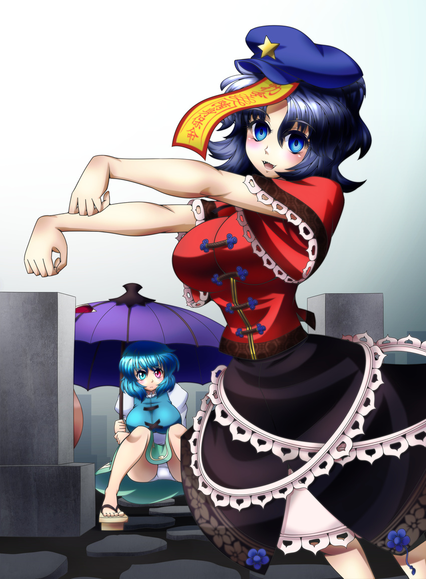 2girls absurdres blue_eyes blue_hair breasts commentary_request fangs full_body geta graveyard hat hat_ornament heterochromia highres jiangshi karakasa_obake large_breasts miyako_yoshika multiple_girls ofuda outstretched_arms panties pantyshot raionsan red_eyes revision ringed_eyes sitting skirt star_(symbol) star_hat_ornament tatara_kogasa touhou umbrella underwear white_panties zombie_pose