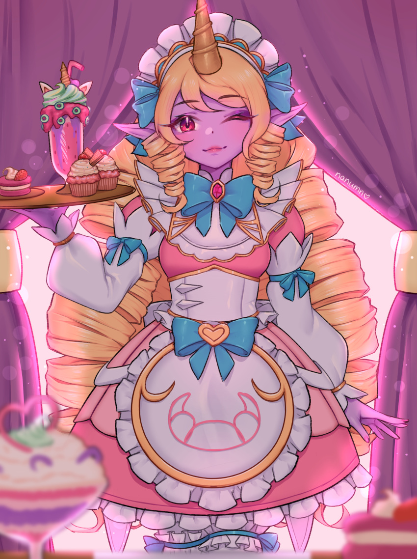 absurdres apron artist_name blonde_hair bow bowtie brooch cafe_cuties_(league_of_legends) cafe_cuties_soraka closed_mouth cupcake curtains dress drill_hair female food frilled_dress frills green_bow green_bowtie hairbow heart highres holding holding_tray horns jewelry league_of_legends long_hair long_sleeves looking_at_viewer maid maid_headdress nanumn one_eye_closed single_horn smile solo soraka_(league_of_legends) tray twin_drills twintails