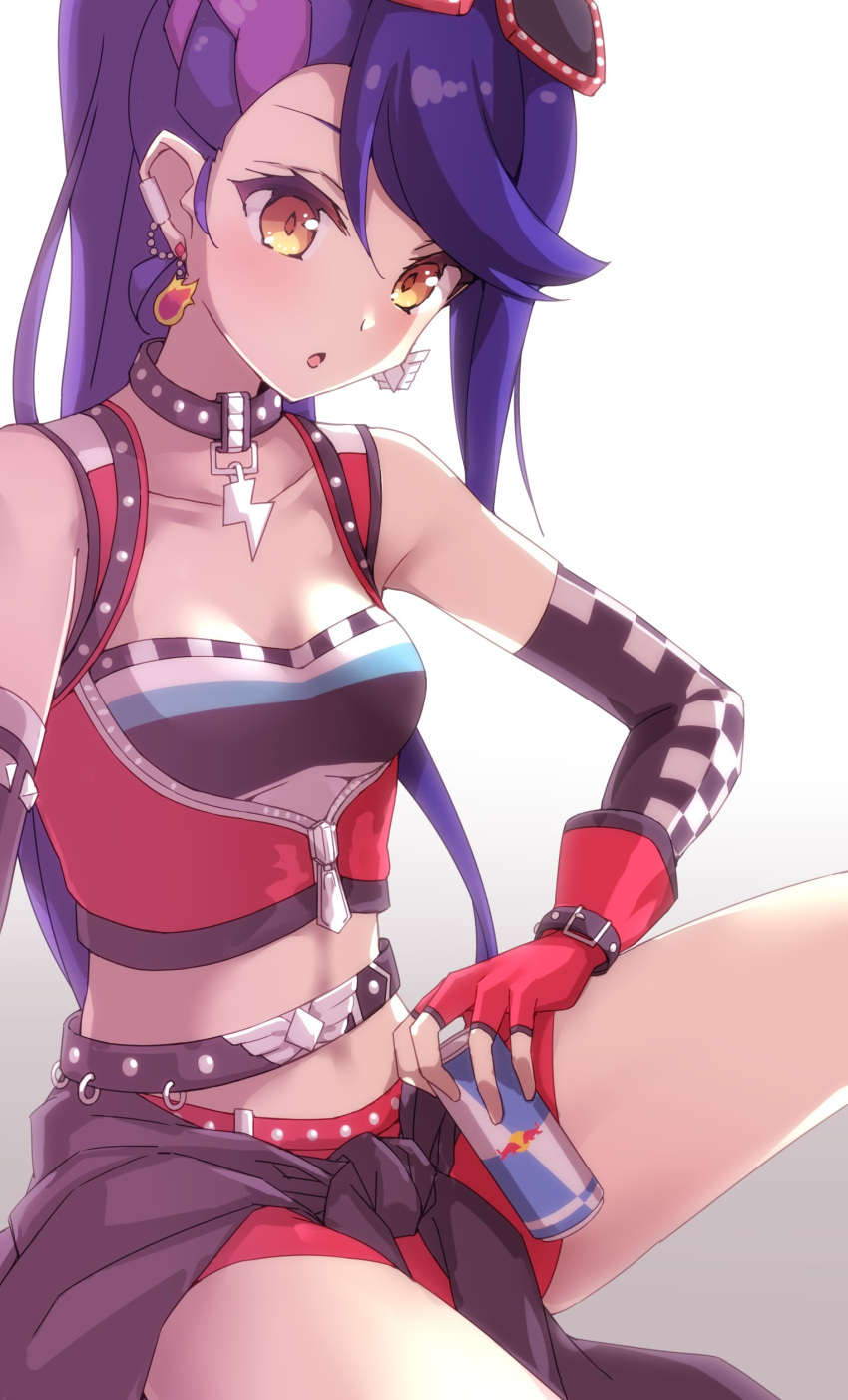 :o absurdres aikatsu!_(series) aikatsu_stars! bare_legs bare_shoulders belt blue_hair blush breasts brown_eyes can checkered_gloves choker cleavage clothes_around_waist collarbone commentary_request cowboy_shot crop_top drink ear_piercing earrings elbow_gloves energy_drink eyewear_on_head female fingerless_gloves gloves gradient_background grey_background hair_between_eyes highres holding holding_can holding_drink idol jewelry kisaragi_tsubasa lightning_bolt_symbol long_hair looking_at_viewer multicolored_eyes multicolored_hair nokita_(pinmisil) open_mouth piercing polka_dot purple_hair race_queen red_bull red_gloves red_shorts short_shorts shorts simple_background sitting small_breasts soda solo spread_legs sunglasses sweater sweater_around_waist yellow_eyes