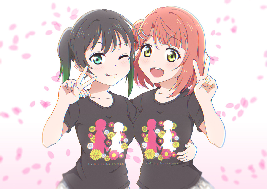 2girls ;p black_hair blush breasts cherry_blossoms commentary english_text facing_viewer flower gradient_hair green_eyes green_hair hair_bun hair_ornament hairclip hand_on_another's_shoulder jaycee love_live! love_live!_nijigasaki_high_school_idol_club medium_breasts medium_hair multicolored_hair multiple_girls one_eye_closed open_mouth orange_hair shirt short_hair simple_background single_side_bun skirt smile takasaki_yu teeth tongue tongue_out twintails uehara_ayumu upper_teeth_only v white_background yellow_eyes yuri