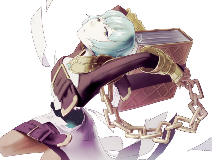 adenine_(xenoblade) belt belt_skirt book chains cowboy_shot female flat_chest flying_paper gauntlets gloves green_eyes green_hair highres long_sleeves looking_at_viewer open_mouth paper short_hair simple_background solo white_background xenoblade_chronicles_(series) xenoblade_chronicles_2 yamayamag1