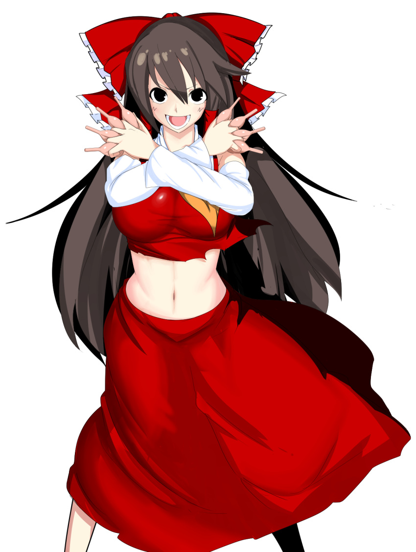 ascot between_fingers black_eyes blush bow breasts brown_hair collared_shirt commentary_request cookie_(touhou) crop_top detached_sleeves enema feet_out_of_frame female frilled_bow frills hair_between_eyes hair_tubes hairbow hakurei_reimu highres holding impossible_clothes impossible_shirt large_breasts long_hair looking_at_viewer midriff mutsurai_rempo navel noel_(cookie) open_mouth red_bow red_skirt shirt sidelocks simple_background skirt skirt_set sleeveless sleeveless_shirt smile solo touhou transparent_background white_sleeves yellow_ascot