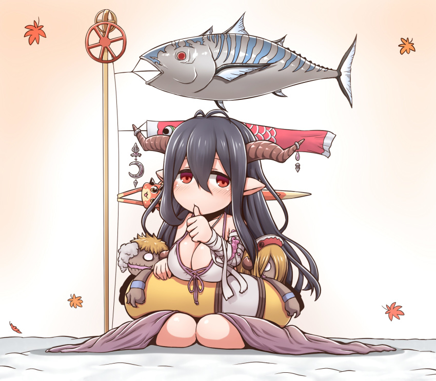 antenna_hair bandages black_hair blush bonito bonito_(granblue_fantasy) breasts character_doll cleavage commentary_request danua danua_(summer)_(granblue_fantasy) doll draph dress female gradient_background granblue_fantasy gretel_(granblue_fantasy) hair_between_eyes hand_up hansel_(granblue_fantasy) highres horns innertube koinobori large_breasts leaf long_dress maple_leaf official_alternate_costume pointy_ears pole rantana_(lalalalackluster) red_eyes seiza sitting solo swim_ring thumb_to_mouth tuna vyrn_(granblue_fantasy) windsock