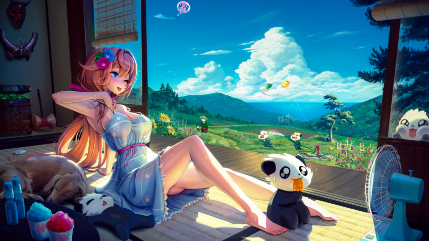 adjusting_strap against_glass arm_up armpits ass bad_id bad_pixiv_id barefoot blue_eyes breasts brown_hair canine clickdraws cloud dress electric_fan female flower food forest glue grass hair_flower hair_ornament highres hose kite landscape large_breasts legs long_hair nature ocean one_eye_closed original panda paw_print popsicle rainbow ramune rory_(admiral_bahroo) samantha_(admiral_bahroo) scenery see-through shaved_ice sitting sky spaghetti_strap strap_slip summer sunflower sweat tatami tongue tongue_out tree triangle_mouth umeru_(admiral_bahroo) virtual_youtuber water wind_chime