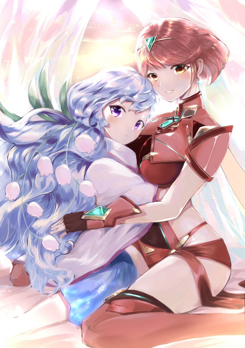 2girls absurdres blue_hair breasts chest_jewel dress earrings feet_out_of_frame fingerless_gloves flower gem gloves highres hug jewelry large_breasts lily_of_the_valley long_hair looking_at_viewer multiple_girls orange_hair purple_eyes pyra_(xenoblade) red_hair red_legwear red_shorts risumi_(taka-fallcherryblossom) short_hair short_shorts shorts sitting smile swept_bangs thighhighs tiara ursula_(xenoblade) wariza white_flower xenoblade_chronicles_(series) xenoblade_chronicles_2