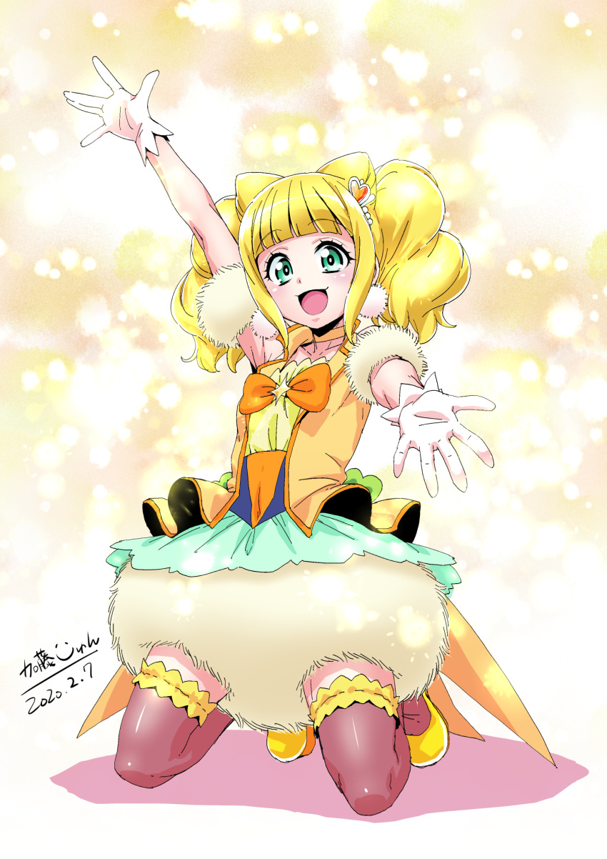 blonde_hair blunt_bangs bow choker collarbone commentary_request cure_sparkle dated earrings female gloves green_eyes hair_ornament healin'_good_precure heart heart_hair_ornament highres hiramitsu_hinata jewelry katou_jun kneeling long_hair looking_at_viewer magical_girl open_mouth outstretched_arms petticoat precure shadow sidelocks sleeveless smile solo tareme translation_request twintails white_background white_gloves yellow_background