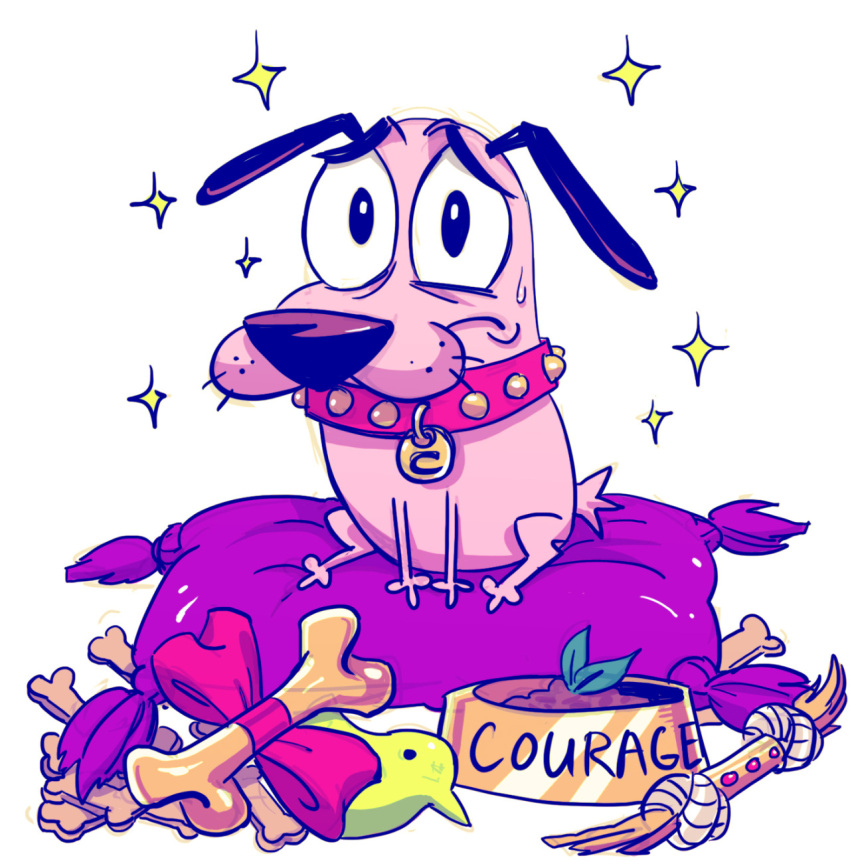 alternate_universe apprehensive beagle big_eyes black_eyebrows black_eyes bodily_fluids bone bow_ribbon bowl brown_ears brown_nose c2ndy2c1d canid canine canis cartoon_network collar collar_only container courage_the_cowardly_dog courage_the_cowardly_dog_(character) crow's_feet crows_feet dog_food dog_toy doll domestic_dog english_text eyebrows feral food food_bowl freckles gold_(metal) gold_jewelry hi_res hunting_dog jewelry junkmixart leaf looking_at_viewer male mammal name_tag nervous nude pet_bowl pet_food pillow pink_body pink_collar pink_ribbon pupils purple_pillow ribbons scared scent_hound simple_background sitting solo sparkles star sweat sweatdrop text thick_eyebrows toy whiskers white_background white_pupils