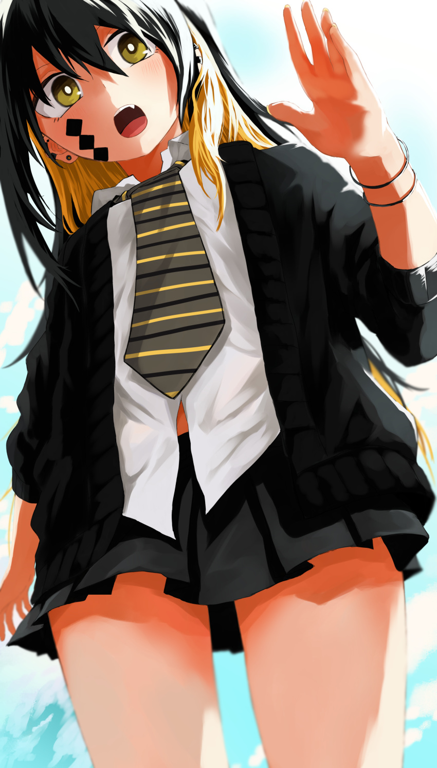 absurdres bangle black_hair black_jacket black_skirt blonde_hair blush bracelet brown_eyes collared_shirt commentary_request diagonal-striped_clothes diagonal-striped_necktie dress_shirt earrings facial_mark female hair_between_eyes hand_up highres jacket jewelry kamatama kuso_zako_choroin_nishiga_hachi long_hair long_sleeves multicolored_hair necktie nishiga_hachi oerba_yun_fang open_clothes open_jacket open_mouth pleated_skirt shirt skirt solo standing striped_clothes striped_necktie stud_earrings two-tone_hair very_long_hair white_shirt