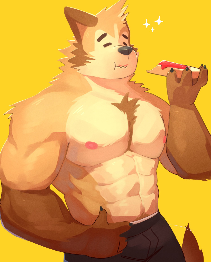 abs anthro biceps bottomwear bread breakfast canid canine canis cilok closed_eyes clothing domestic_dog food fur hi_res jelly_(food) male mammal muscular muscular_anthro muscular_male nipples pecs simple_background solo toast