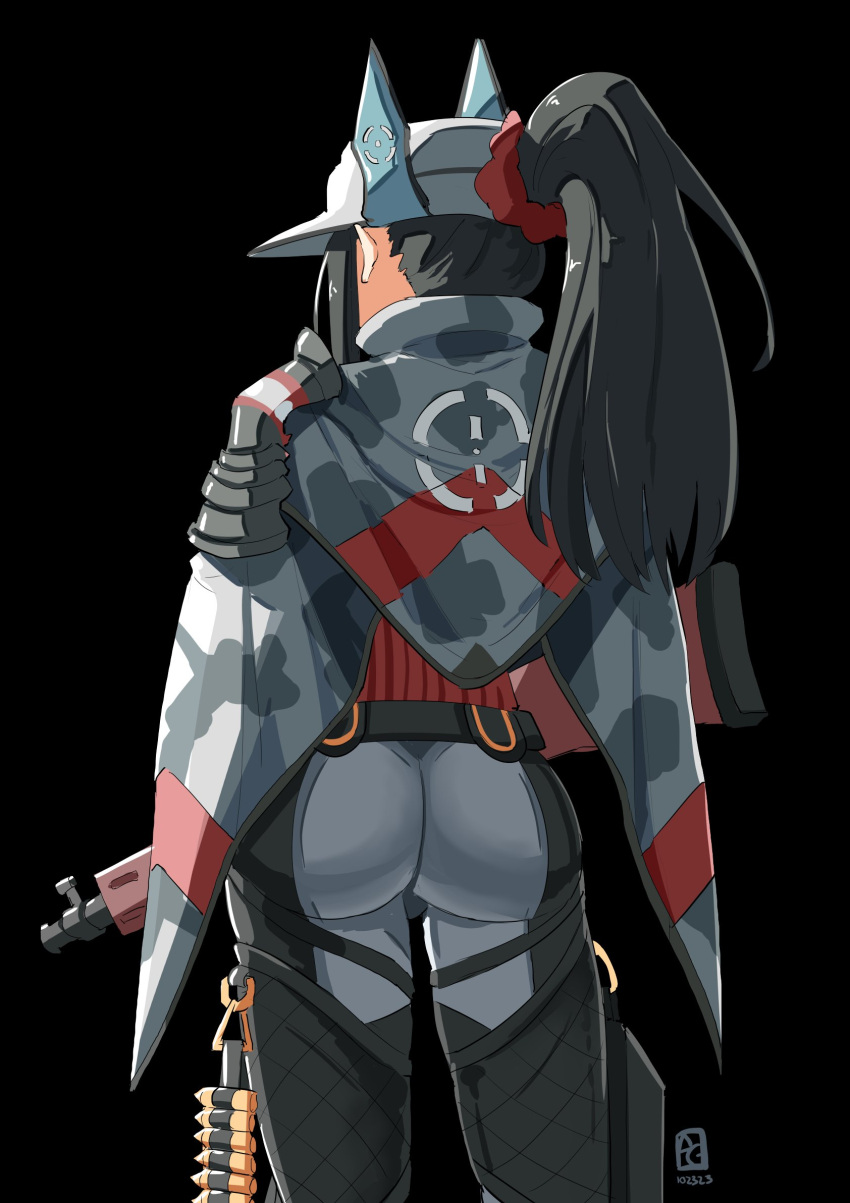 ammunition ass automatic_giraffe back black_hair camouflage cloak female from_behind gun hat highres holding holding_gun holding_weapon kai_schren long_hair military_uniform pants ponytail red_scrunchie scrunchie senjou_no_valkyria_(series) senjou_no_valkyria_4 uniform weapon