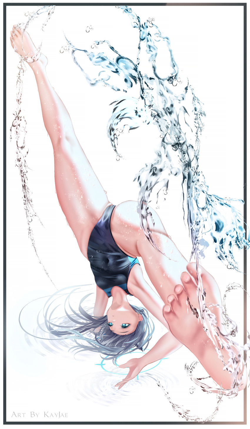 absurdres animal_ear_fluff animal_ears bad_id bad_pixiv_id black_one-piece_swimsuit blue_archive blue_eyes breasts competition_swimsuit covered_navel cross_hair_ornament extra_ears feet female grey_hair hair_ornament halo highres kayjae medium_breasts medium_hair mismatched_pupils multicolored_clothes multicolored_swimsuit official_alternate_costume one-piece_swimsuit shiroko_(blue_archive) shiroko_(swimsuit)_(blue_archive) solo splashing swimsuit tumbling upside-down water wolf_ears