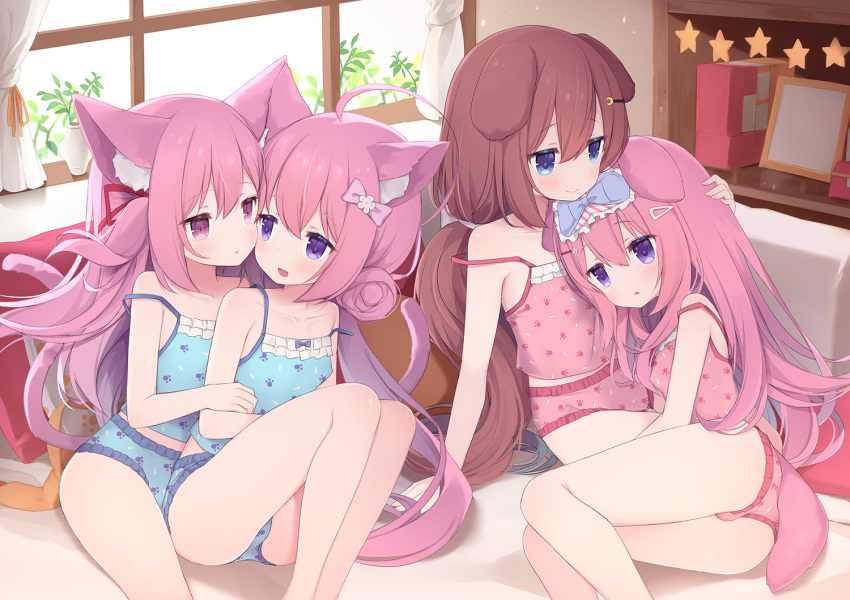 4girls ahoge animal_ear_fluff animal_ears arashiya ass azur_lane blue_camisole blue_eyes blue_panties blue_socks bow breast_pillow breasts brown_hair camisole cat_ears cat_girl cat_tail commission commissioner_upload couch creator_connection cuddling curtains dog_ears dog_girl dog_tail dual_persona eye_mask fumizuki_(azur_lane) hair_bun hair_ornament hairbow hairclip hand_on_another's_head hug hug_from_behind if_they_mated indie_virtual_youtuber indoors ips_cells kisaragi_(azur_lane) kneehighs knees_up long_hair low_twintails lying lying_on_person multiple_girls on_side one_side_up open_mouth panties petting pillow pink_camisole pink_eyes pink_hair pink_panties pink_socks print_camisole print_panties purple_eyes ribbon sitting skeb_commission small_breasts smile socks strap_slip striped striped_socks tail thighs twintails underwear underwear_only usagi_nono very_long_hair virtual_youtuber window