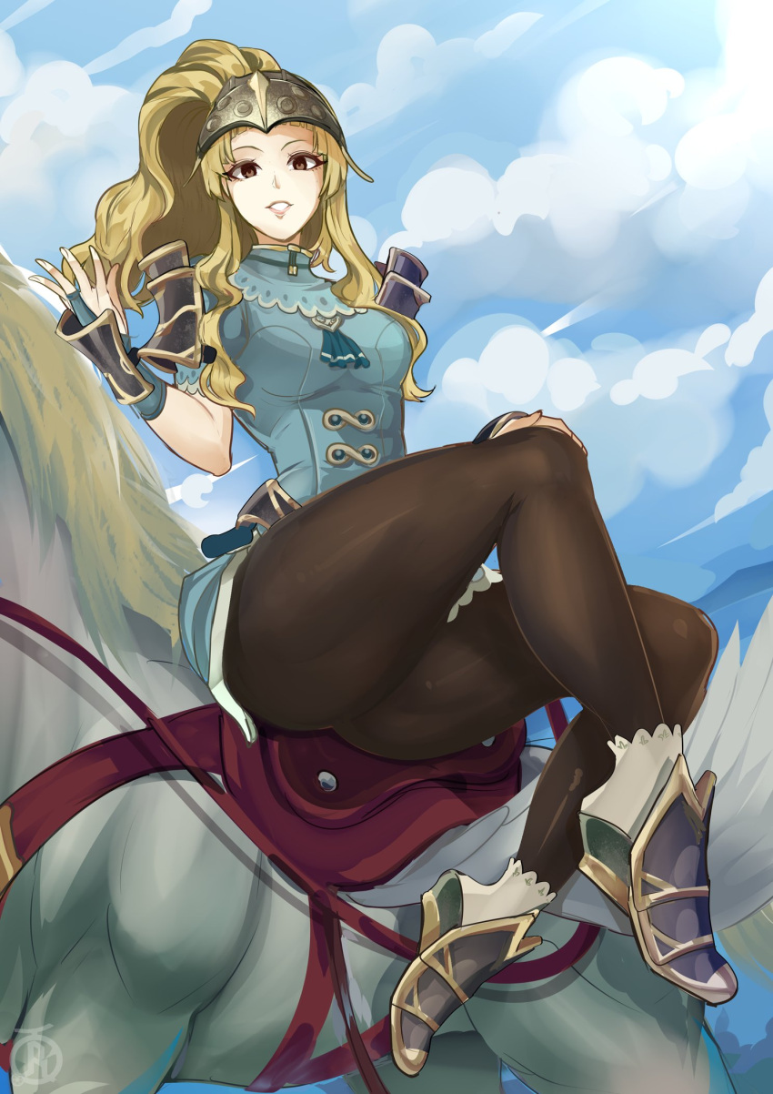 armor black_pantyhose blonde_hair blue_sky blunt_bangs breasts brown_eyes clair_(fire_emblem) cloud cloudy_sky english_commentary female fire_emblem fire_emblem_echoes:_shadows_of_valentia helmet highres long_hair looking_at_viewer medium_breasts pantyhose pegasus ponytail revolverwing shoulder_armor sidelocks sky solo teeth wavy_hair