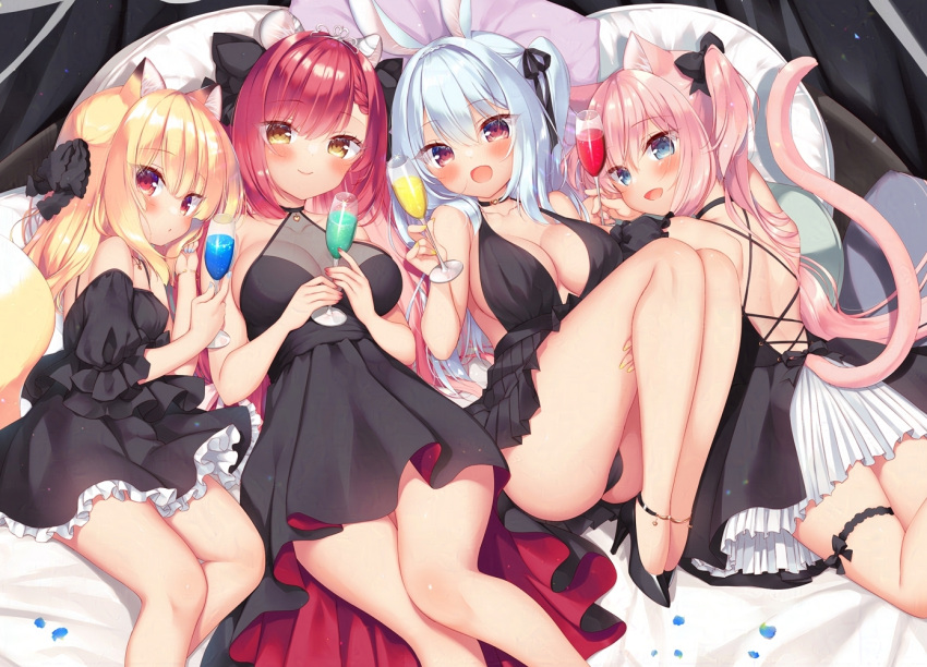 4girls :d animal_ears ass backless_dress backless_outfit bare_shoulders black_bow black_choker black_dress black_footwear black_panties black_ribbon blonde_hair blue_eyes blush boku_no_risou_no_isekai_seikatsu bow breasts brown_eyes cat_ears cat_girl cat_tail champagne_flute chise_(ichiri) choker cleavage closed_mouth commentary_request cup dress drinking_glass feet_out_of_frame fox_ears fox_girl fox_tail hair_between_eyes hair_ribbon hairbow high_heels holding holding_cup large_breasts lying misia_(ichiri) multiple_girls natielis off-shoulder_dress off_shoulder on_back panties pillow pink_hair pleated_dress puffy_short_sleeves puffy_sleeves rabbit_ears rabimea_(ichiri) red_eyes red_hair ribbon sazaki_ichiri shoes short_sleeves sleeveless sleeveless_dress smile tail tiara two_side_up underwear