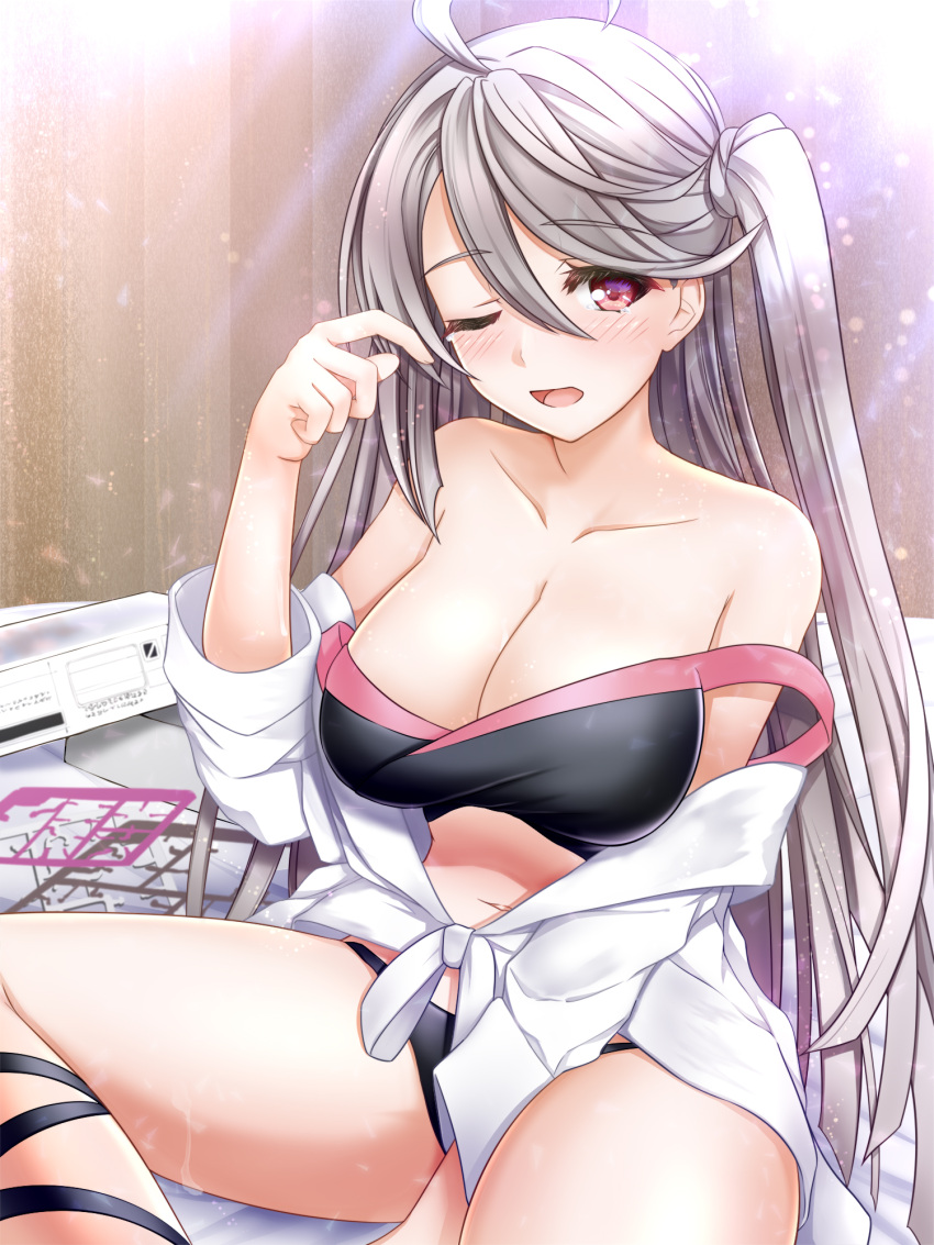 ahoge black_panties blush breasts cleavage collarbone female front-tie_top grey_hair gundam_build_metaverse gunpla highres large_breasts long_hair model_kit nyabe off_shoulder one_eye_closed open_mouth panties purple_eyes side_ponytail solo tank_top underwear urutsuki_seria very_long_hair wooden_wall