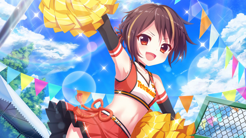 :d arm_up armpits bandou_mikuru black_gloves blonde_hair blue_sky breasts brown_hair cheerleader cloud collarbone contrapposto crop_top day dot_nose elbow_gloves female film_grain from_below game_cg gloves group_name izumi_tsubasu lens_flare looking_at_viewer midriff miniskirt multicolored_hair navel non-circular_lens_flare non-web_source official_art open_mouth outdoors pole pom_pom_(cheerleading) re:stage! red_eyes red_skirt rope shimenawa short_hair short_ponytail skirt sky small_breasts smile solo sparkle star_(symbol) streaked_hair string_of_flags sunlight tree two-tone_hair