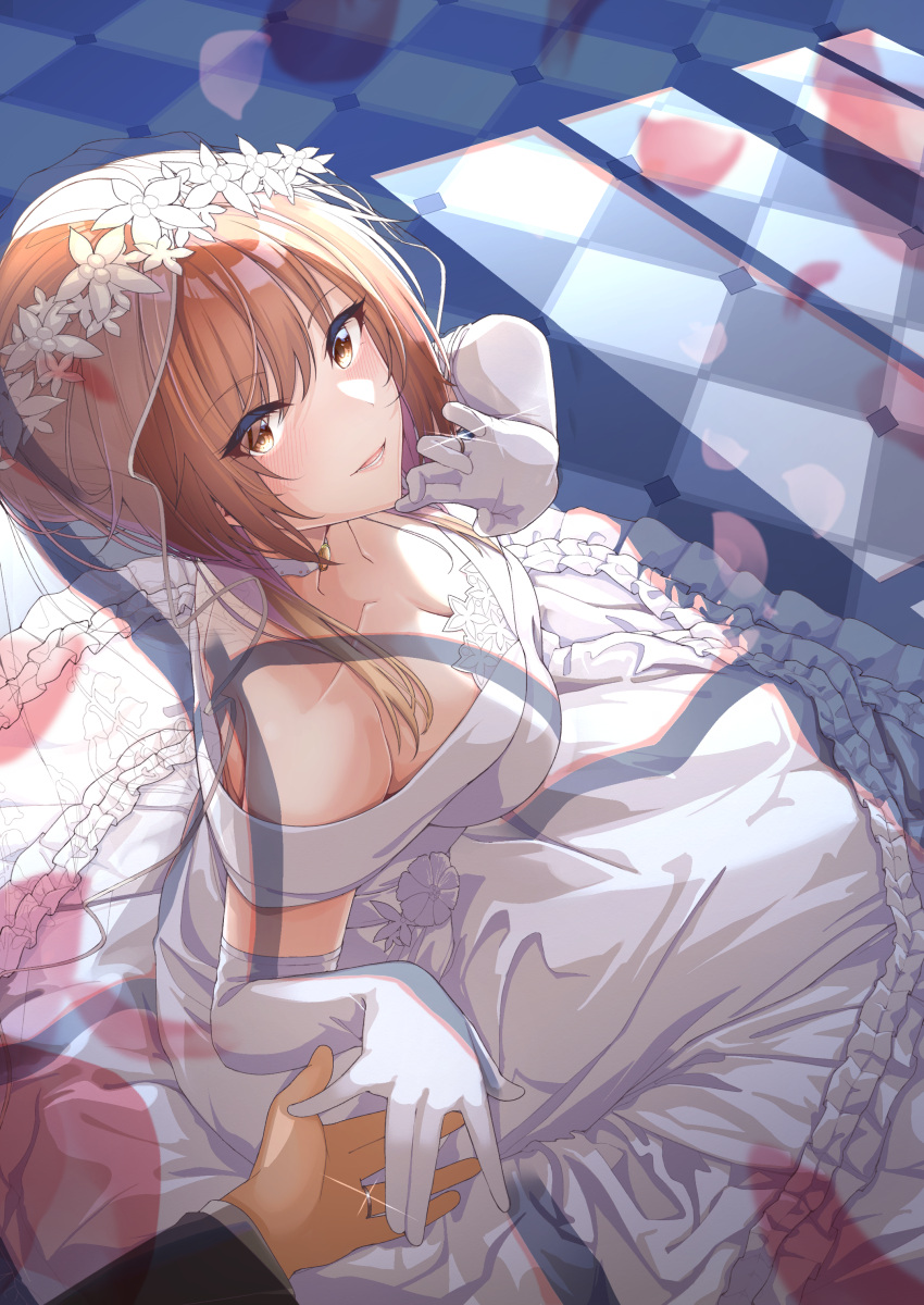 1boy absurdres aketa_mikoto alternate_costume blush breasts bridal_veil brown_hair checkered_floor choker cleavage collarbone commentary dress elbow_gloves falling_petals female glint gloves highres holding_hands idolmaster idolmaster_shiny_colors jewelry kagin_(kagou_shita_nanika) light_smile looking_at_viewer looking_to_the_side medium_breasts out_of_frame petals pov pov_hands ring solo_focus straight veil wedding_dress wedding_ring white_choker white_dress