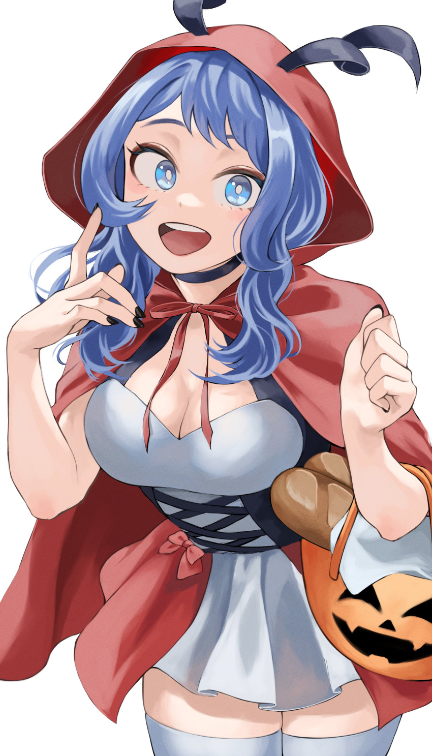 :d absurdres black_choker blue_eyes blue_hair boku_no_hero_academia breasts choker cleavage cloak dress drill_hair female fengling_(furin-jp) hadou_nejire hair_horns highres hood hooded_cloak large_breasts light_blue_hair long_hair looking_at_viewer open_mouth red_cloak smile solo thighhighs twin_drills white_dress white_thighhighs