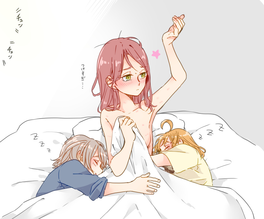 3girls after_sex ahoge bed bed_sheet blush breasts commentary_request covering_privates fff_threesome girl_sandwich grey_hair group_sex hickey highres kashikaze long_hair love_live! love_live!_sunshine!! lying medium_breasts multiple_girls nude nude_cover on_side orange_hair pillow red_hair sakurauchi_riko sandwiched short_hair sleeping takami_chika threesome under_covers watanabe_you yellow_eyes yuri zzz