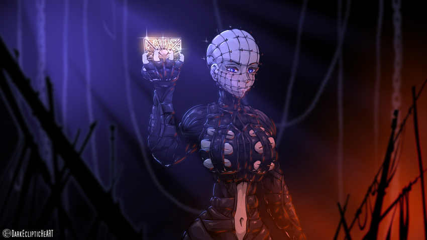 absurdres bald bald_girl bishoujo_terror blue_eyes body_modification breasts chains colored_skin darkeclipticheart female genderswap_(mtf) hellraiser highres kotobukiya_bishoujo lament_configuration large_breasts nail navel pin pinhead pinhead_(kotobukiya_bishoujo) rubbing_nose rule_63 thigh_armor white_skin