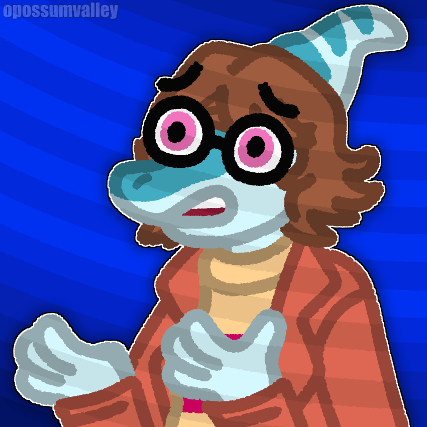 1:1 2023 4_fingers absurd_res anthro artist_name benjamin_mcknight blue_background blue_body blue_scales brown_hair cavemanon_studios clone_high clothing digital_drawing_(artwork) digital_media_(artwork) dinosaur extinct eyewear fingers glasses hadrosaurid hair hi_res i_wani_hug_that_gator jacket male meme multicolored_body multicolored_scales open_mouth opossumvalley ornithischian ornithopod parasaurolophus pink_eyes prehistoric_species reptile scales scalie short_hair simple_background snout solo teeth the_hands_of_sincerity topwear two_tone_body two_tone_scales watermark