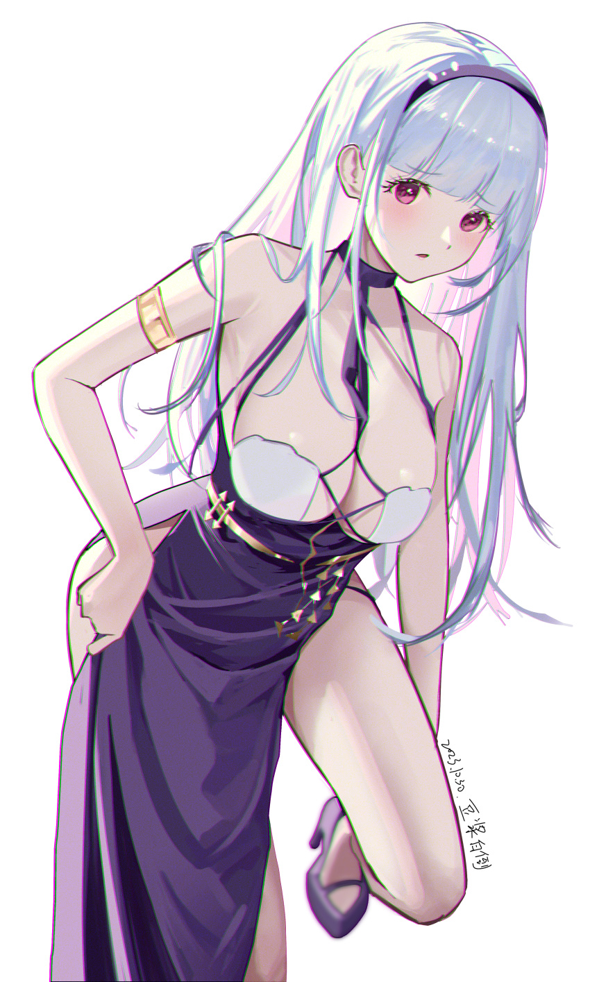 absurdres azur_lane between_breasts blush breasts chromatic_aberration cleavage commentary_request dated dido_(anxious_bisque_doll)_(azur_lane) dido_(azur_lane) dress female grey_hair hairband halter_dress halterneck high_heels highres large_breasts long_dress long_hair looking_at_viewer official_alternate_costume parted_lips pelvic_curtain purple_dress purple_eyes purple_footwear purple_hairband simple_background solo standing standing_on_one_leg white_background whitehartlane13