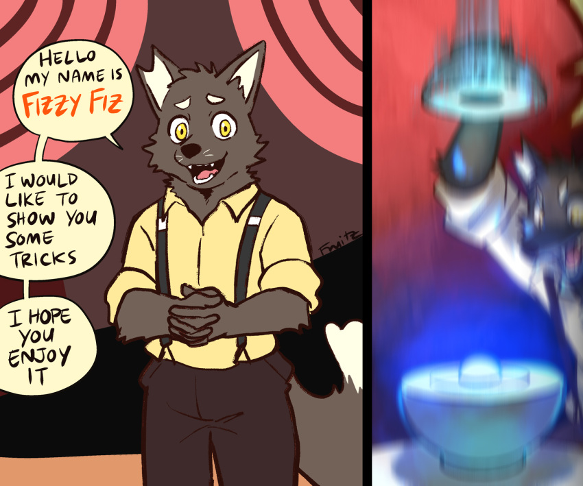 anthro biped black_body black_fur canid canine cherenkov_radiation clothed clothing demon_core english_text eyebrows fingers fiz_(fruitz) fox fruitz fur greeting hi_res humor male mammal open_mouth open_smile smile solo text yellow_eyes