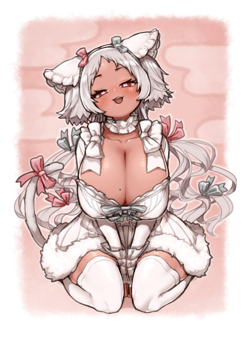 absurdres between_thighs blush bow breasts bright_pupils cat_tail cleavage curvy dark-skinned_female dark_skin dress female frills half-closed_eyes head_tilt highres huge_breasts ichika_(ichika_manga) indie_virtual_youtuber large_breasts long_hair mole mole_on_breast nekobuki_kemuri open_mouth parted_bangs red_eyes seiza short_dress short_hair short_hair_with_long_locks sitting smile solo straight-on tail tail_bow tail_ornament thighhighs v_arms very_long_hair virtual_youtuber wavy_hair white_dress white_hair white_pupils white_thighhighs zettai_ryouiki