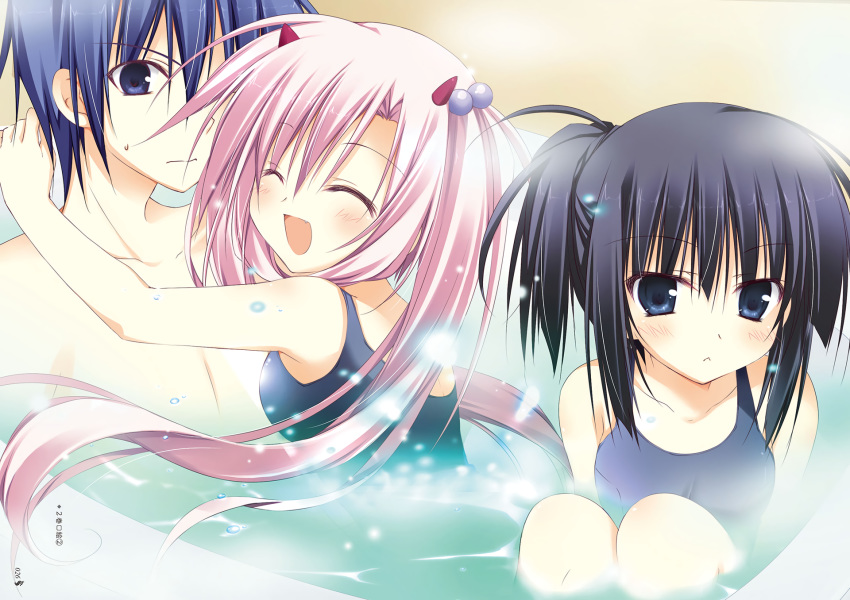 bath bathtub black_hair blue_eyes blue_hair horns hug juuoumujin_no_fafnir korie_riko long_hair male mononobe_mitsuki mononobe_yuu pink_hair ponytail school_swimsuit short_hair swimsuit tagme_(character) tear_lightning twintails water