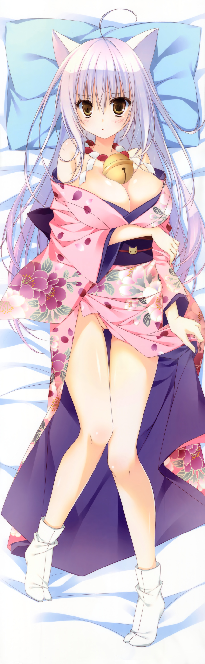 :o absurdres animal_ears ass_visible_through_thighs bare_legs bell blush breasts cleavage collar dakimakura_(medium) female fox_ears full_body genderswap_(mtf) gugure!_kokkuri-san highres inugami_kira japanese_clothes jingle_bell kimono kokkuri-san_(gugukoku) large_breasts long_hair long_sleeves looking_at_viewer lying neck_bell no_panties off_shoulder on_back partially_visible_vulva ponytail rule_63 sash solo tabi thigh_gap white_hair wide_sleeves yellow_eyes