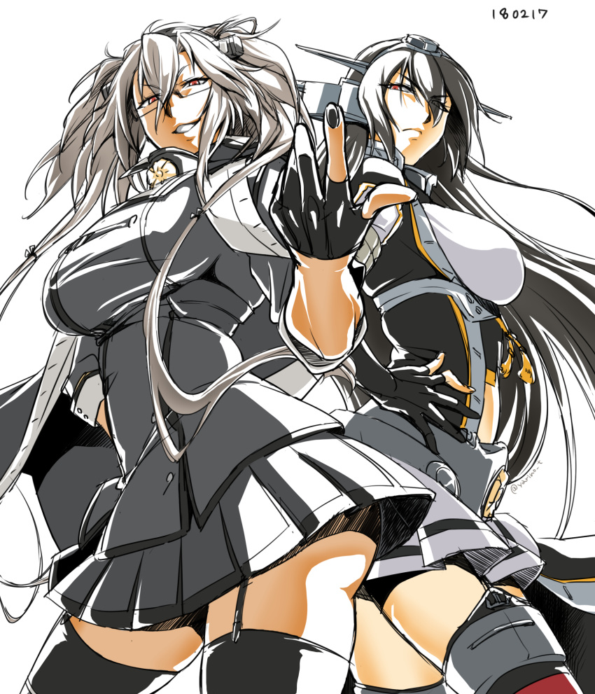 2girls black_gloves black_hair black_nails breasts commentary_request dark-skinned_female dark_skin dated eyes_visible_through_hair from_below glasses gloves hair_between_eyes hand_on_own_hip headgear highres kantai_collection large_breasts limited_palette long_hair looking_at_viewer miniskirt multiple_girls musashi_(kancolle) musashi_kai_ni_(kancolle) nagato_(kancolle) nagato_kai_ni_(kancolle) nail_polish partially_fingerless_gloves pleated_skirt red_eyes simple_background skirt thighhighs tsuzuki_masumi twintails two_side_up uniform very_long_hair white_background white_hair zettai_ryouiki