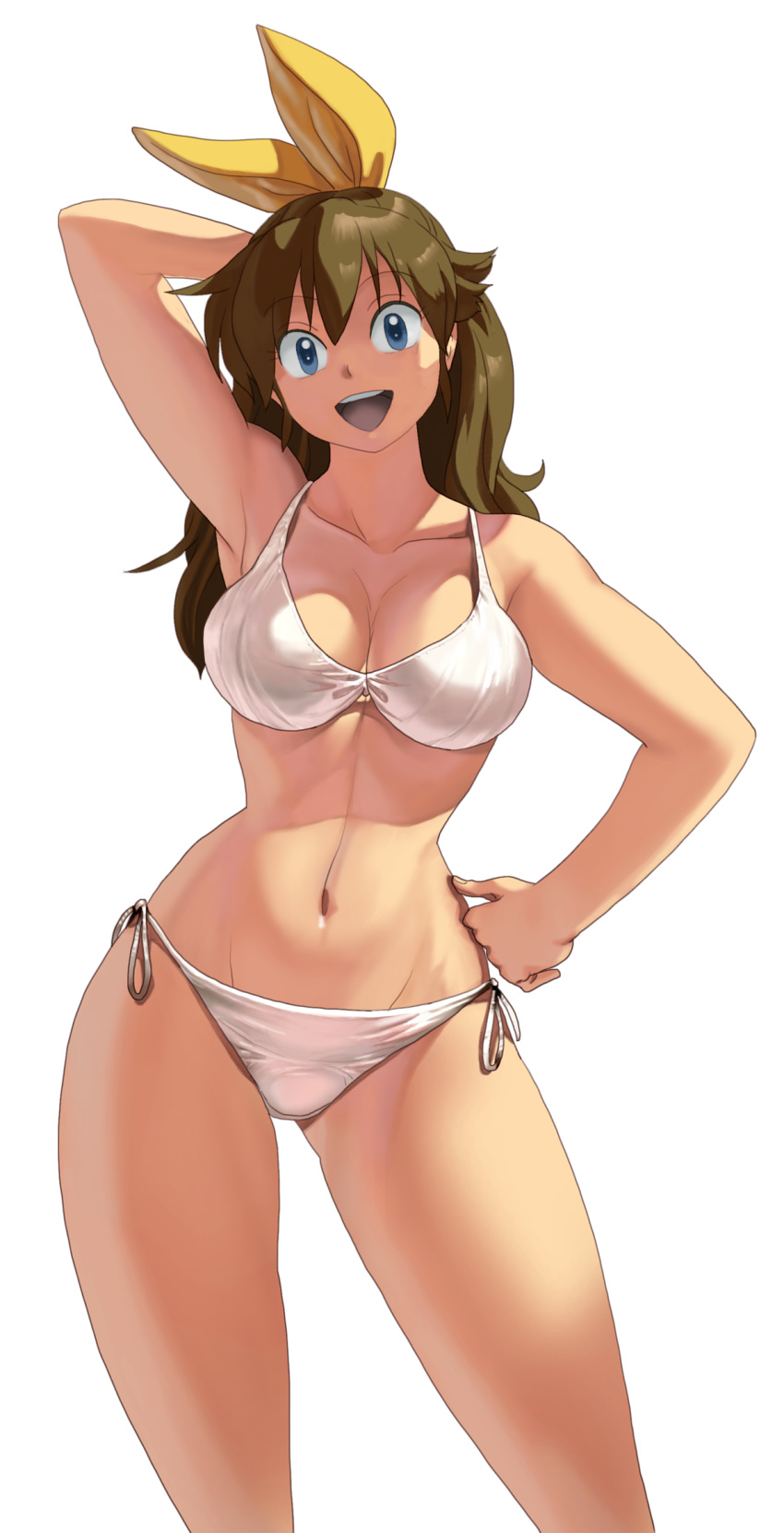 arm_behind_head bikini blue_eyes breasts brown_hair cleavage cowboy_shot female hairbow hand_on_hip m.u.g.e.n navel oggy open_mouth original ryuuko_(oggy) side-tie_bikini simple_background solo string_bikini