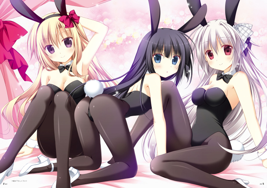 animal_ears ass black_hair blonde_hair blue_eyes blush bow breasts bunny_ears bunnygirl cleavage gray_hair headband iris_freyja juuoumujin_no_fafnir korie_riko leotard lisa_highwalker long_hair mononobe_mitsuki pink_eyes purple_eyes red_eyes tail