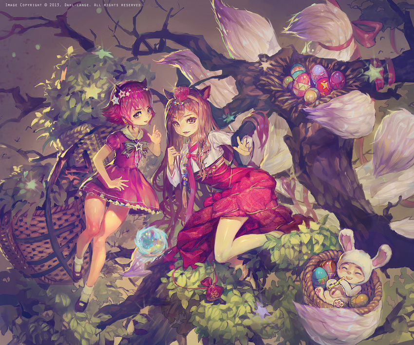 1boy 2girls ahri_(league_of_legends) alternate_costume animal_costume animal_ears annie_(league_of_legends) artist_name bare_legs basket bird_nest blue_fire bobby_socks bow brown_eyes brown_hair commentary cottontail_teemo crab_d crown dress earrings easter easter_egg egg english_commentary facial_mark fake_horns fangs fire flipped_hair fox_ears fox_tail hair_ornament horns in_basket in_container in_tree index_finger_raised jewelry league_of_legends long_hair long_sleeves looking_at_viewer mini_crown multiple_girls multiple_tails orb photoshop_(medium) pink_dress pink_hair pouch rabbit_costume red_dress shoes short_hair short_sleeves slit_pupils smile socks star_(symbol) star_earrings star_hair_ornament tail tassel teemo tongue tongue_out tree whisker_markings