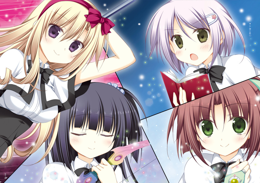 ariella_lu black_hair blonde_hair blush book bow brown_hair firill_crest green_eyes headband juuoumujin_no_fafnir korie_riko lisa_highwalker mononobe_mitsuki ponytail purple_eyes purple_hair short_hair