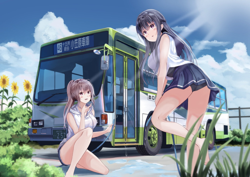 2girls :d barefoot black_hair black_skirt blue_sky blush brown_hair bus bush chain-link_fence day fence flower highres holding holding_hose hood hoodie hose kneeling license_plate long_hair motor_vehicle multiple_girls open_mouth original outdoors parted_lips png_pant_(bus) ponytail puddle purple_eyes second-party_source shirt skirt sky sleeveless sleeveless_hoodie sleeveless_shirt smile standing standing_on_one_leg sunflower translation_request vehicle_focus wet white_hoodie white_shirt