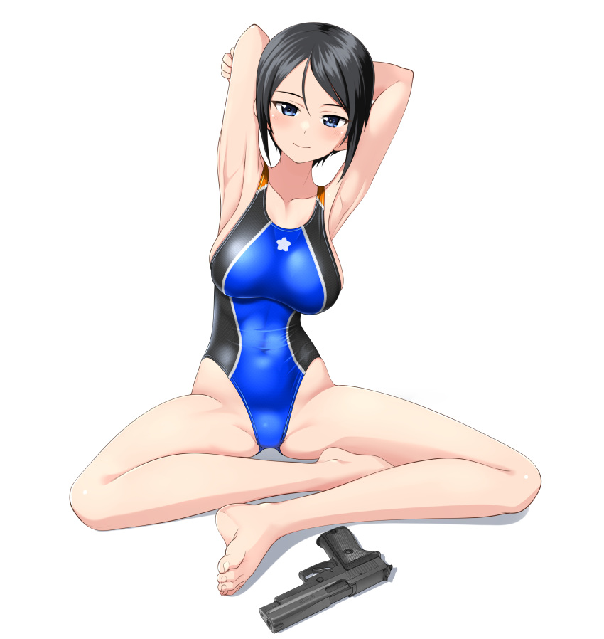 absurdres armpits arms_behind_head barefoot black_eyes black_hair blue_one-piece_swimsuit breasts chouno_ami commentary_request competition_swimsuit feet female girls_und_panzer gun handgun highres indian_style looking_at_viewer medium_breasts multicolored_clothes multicolored_swimsuit one-piece_swimsuit presenting_armpit short_hair sig_p220/p226 sig_sauer simple_background sitting solo swept_bangs swimsuit takafumi toes turtleneck variant_set weapon white_background