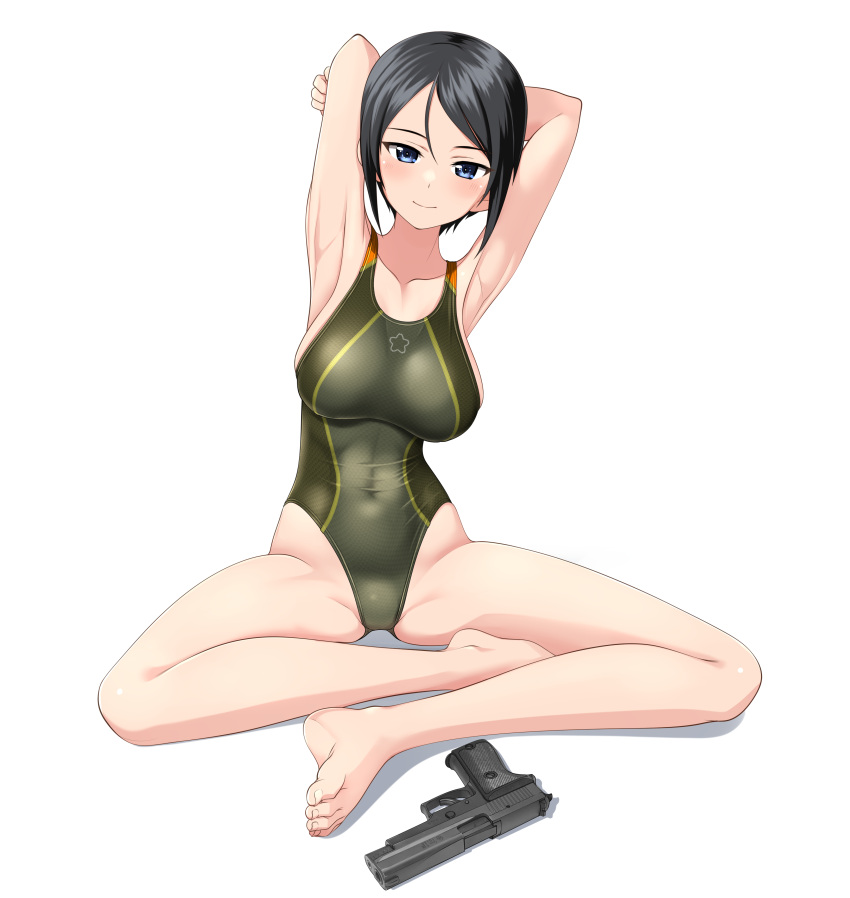 absurdres armpits arms_behind_head barefoot black_eyes black_hair breasts chouno_ami commentary_request competition_swimsuit feet female girls_und_panzer green_one-piece_swimsuit gun handgun highres indian_style looking_at_viewer medium_breasts multicolored_clothes multicolored_swimsuit one-piece_swimsuit presenting_armpit short_hair sig_p220/p226 sig_sauer simple_background sitting solo swept_bangs swimsuit takafumi toes turtleneck variant_set weapon white_background