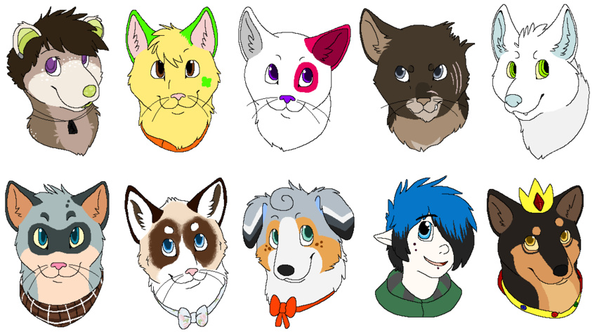 2013 aliasing ambiguous_form ambiguous_gender american_opossum angry australian_shepherd black_body black_fur black_highlights black_nose blue_eyes blue_hair blue_inner_ear blue_nose bow_tie brown_body brown_eyes brown_fur brown_hair brown_inner_ear brown_kerchief brown_neckerchief button_ears canid canine canis clothed clothing collar crown digital_drawing_(artwork) digital_media_(artwork) domestic_cat domestic_dog eyebrows eyelashes facial_piercing facial_scar fangs felid feline felis flat_colors floppy_ears freckles fur green_clothing green_ears green_eyes green_inner_ear green_markings green_nose green_topwear grey_body grey_bow_tie grey_eyes grey_fur grey_inner_ear group hair hair_over_eye head_tuft headgear headshot_portrait herding_dog highlights_(coloring) humanoid humanoid_pointy_ears jewelry kerchief lip_piercing looking_at_viewer mammal markings marsupial microsoft_paint_(artwork) missing_ear neck_bow neckerchief necklace one_eye_obstructed orange_collar pastoral_dog pattern_kerchief pattern_neckerchief piercing pink_inner_ear pink_nose plaid_kerchief plaid_neckerchief portrait purple_eyes purple_nose red_bow red_ears red_inner_ear red_markings ringed_eyes scar sebdoggo sheepdog shiba_inu simple_background smile snout snout_scar spitz tan_body tan_fur teeth topwear tuft underbite whiskers white_background white_body white_fur white_skin yellow_body yellow_eyes yellow_fur