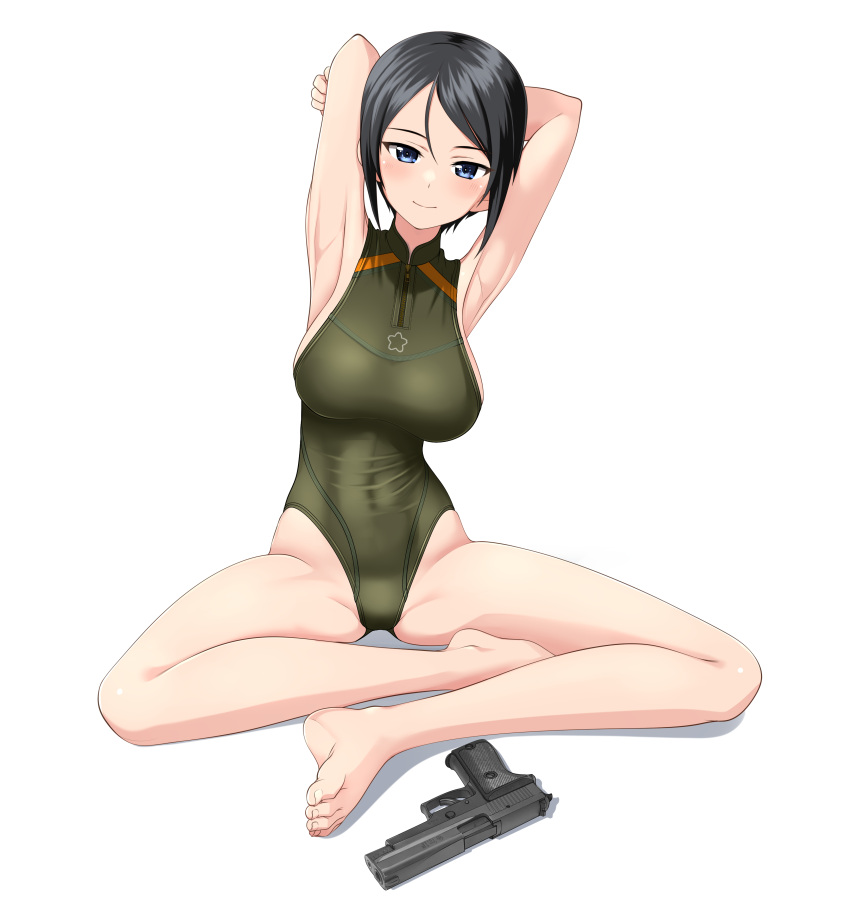 absurdres armpits arms_behind_head barefoot black_eyes black_hair breasts chouno_ami commentary_request competition_swimsuit feet female girls_und_panzer green_one-piece_swimsuit gun handgun highres indian_style looking_at_viewer medium_breasts one-piece_swimsuit presenting_armpit short_hair sig_p220/p226 sig_sauer simple_background sitting solo swept_bangs swimsuit takafumi toes turtleneck variant_set weapon white_background