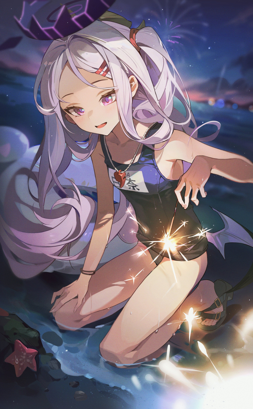 absurdres bare_arms bare_legs bare_shoulders beach black_horns black_one-piece_swimsuit blue_archive blush breasts demon_horns feet female firecrackers forehead hair_ornament hairclip halo highres hina_(blue_archive) hina_(swimsuit)_(blue_archive) horns kneeling lan_yansuanyan legs long_hair looking_at_viewer multiple_horns name_tag official_alternate_costume one-piece_swimsuit open_mouth purple_eyes sandals school_swimsuit small_breasts smile solo starfish swimsuit toes very_long_hair water white_hair