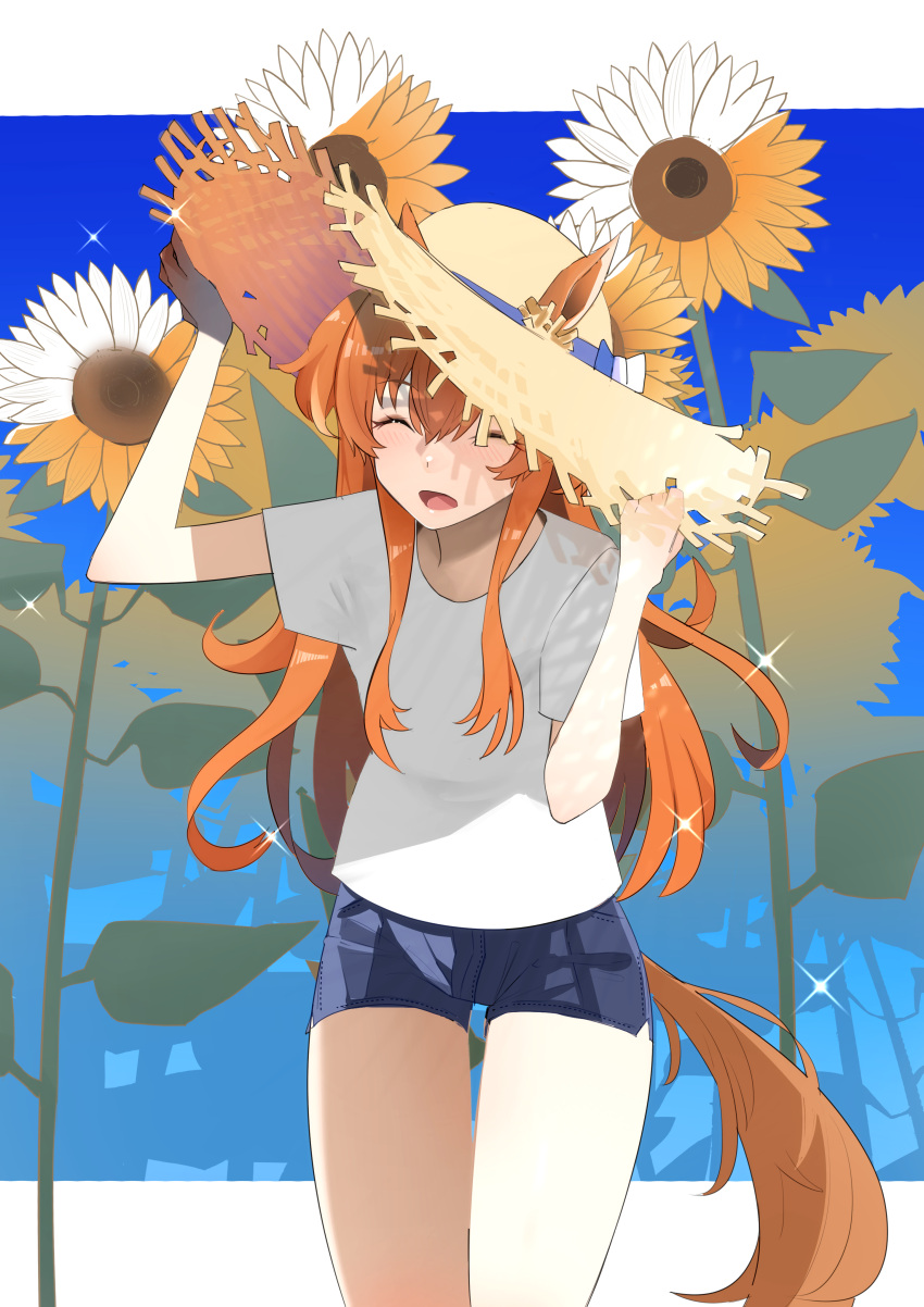 absurdres alternate_costume animal_ears blue_shorts blush closed_eyes commentary_request commission cowboy_shot ear_ornament ears_through_headwear female flower hat highres horse_ears horse_girl horse_tail jitome_no_tsugumi mayano_top_gun_(umamusume) open_mouth shirt short_sleeves shorts solo straw_hat sunflower tail thigh_gap two_side_up umamusume white_shirt