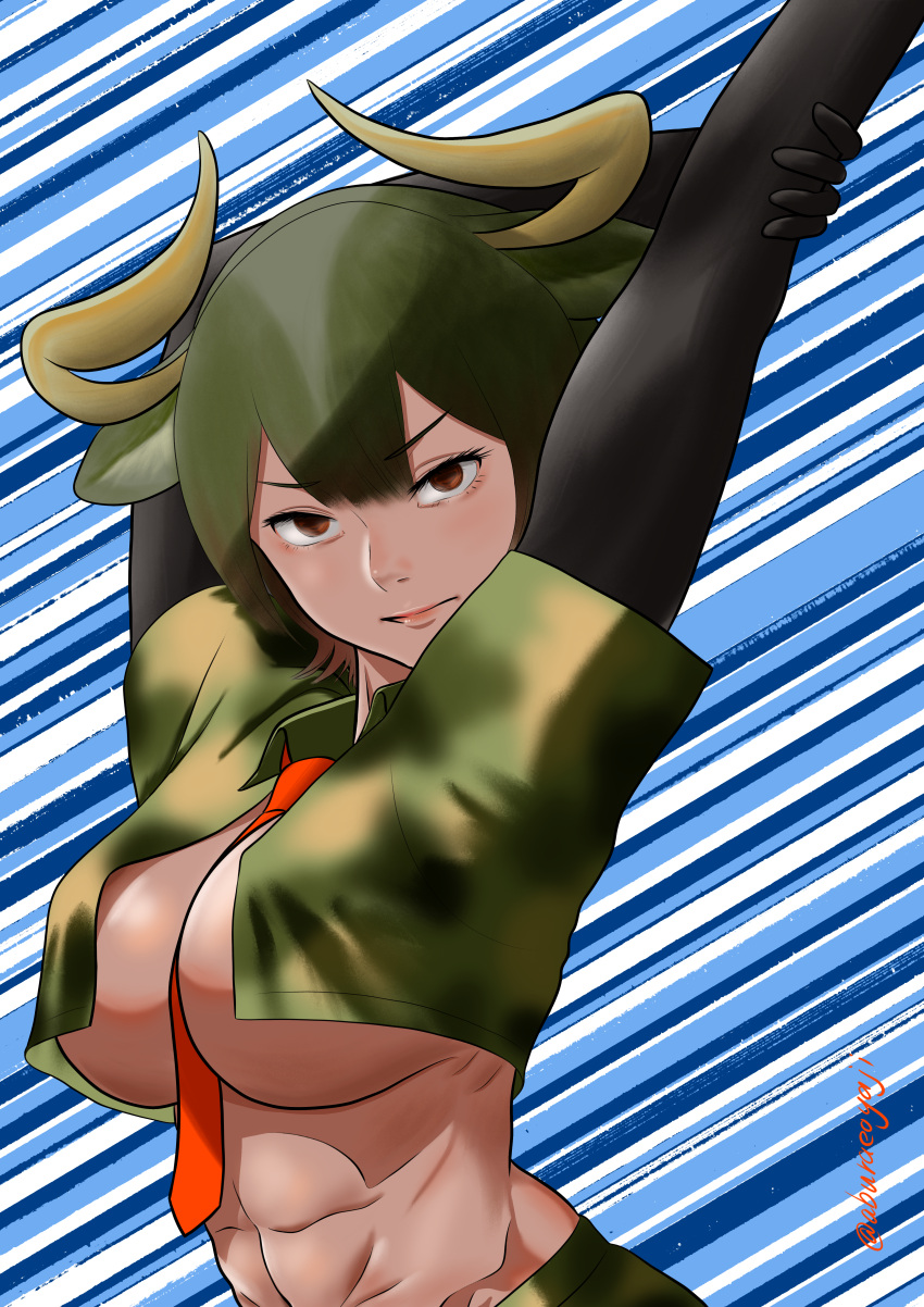 abs absurdres aburaeoyaji animal_ears arms_up aurochs_(kemono_friends) between_breasts black_thighhighs breasts brown_eyes brown_hair camouflage camouflage_shirt closed_mouth cow_ears cow_horns cropped_shirt dark-skinned_female dark_skin double-parted_bangs elbow_gloves eyelashes female gloves green_hair hand_on_own_arm highres horns kemono_friends large_breasts lips looking_at_viewer medium_hair midriff multicolored_hair navel necktie necktie_between_breasts no_bra outstretched_arm print_shirt red_necktie shirt short_sleeves solo speed_lines stomach thighhighs toned toned_female upper_body v-shaped_eyebrows yellow_horns