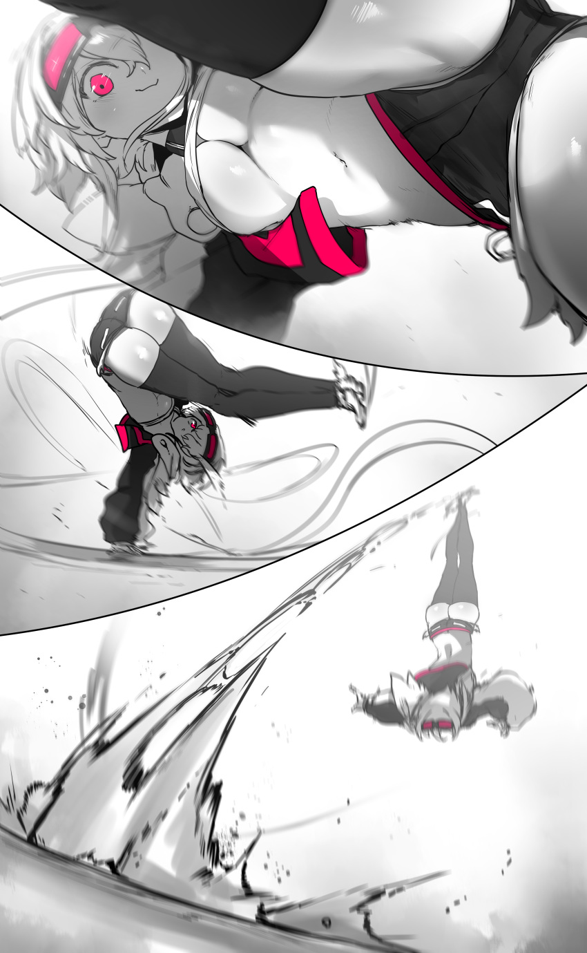 :3 absurdres acrobatics ass black_thighhighs breasts cleavage cropped_jacket curvy female goggles goggles_on_head greyscale handstand high_jump highres jumping long_bangs long_sleeves medium_breasts midriff monochrome motion_blur motion_lines navel niwamaru_(niwarhythm) niwarhythm one_arm_handstand original pink_eyes pink_trim shiny_skin shockwave short_hair skindentation smoke solo spot_color spread_legs thick_thighs thighhighs thighs underboob white_background white_footwear white_hair