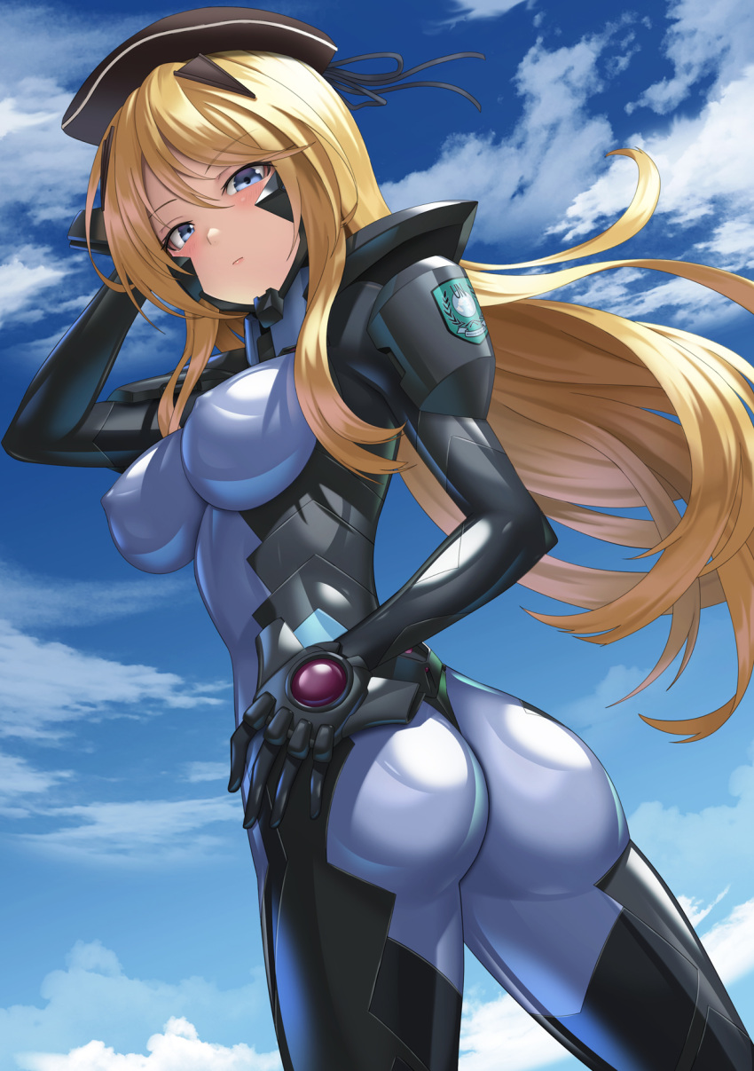 armored_bodysuit ass baldr_sky black_bodysuit blonde_hair blue_bodysuit blue_eyes blue_sky bodysuit breasts closed_mouth cloud covered_nipples cowboy_shot female fortified_suit hand_on_own_hip hat headgear highres impossible_bodysuit impossible_clothes kirishima_rain kurione_(zassou) long_hair looking_at_viewer looking_back medium_breasts muv-luv muv-luv_alternative shiny_clothes sky solo standing two-tone_bodysuit wind wind_lift