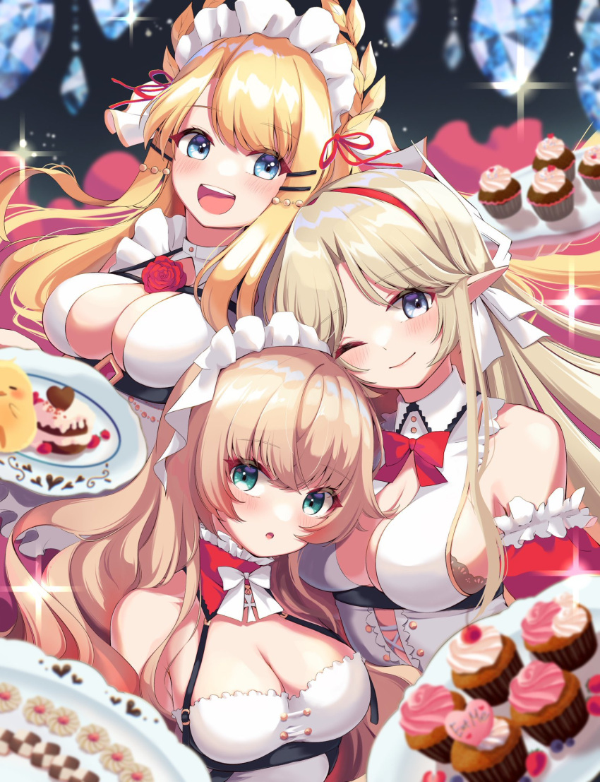 3girls aisu_(i_ce_pinon_pino) aqua_eyes azur_lane bare_shoulders bird blonde_hair blue_eyes blush bow bowtie breasts brest_(azur_lane) candy checkerboard_cookie cherry chick chocolate cleavage commission cookie cupcake dress food frilled_dress frilled_headwear frills fruit hair_ornament hairband hairclip heart heart-shaped_chocolate highres holding holding_plate howe_(azur_lane) large_breasts long_hair looking_at_viewer manjuu_(azur_lane) multiple_girls one_eye_closed open_mouth parted_bangs parted_lips plate pointy_ears red_bow red_bowtie red_hairband skeb_commission smile swept_bangs upper_body victorious_(azur_lane) white_bow white_bowtie white_dress