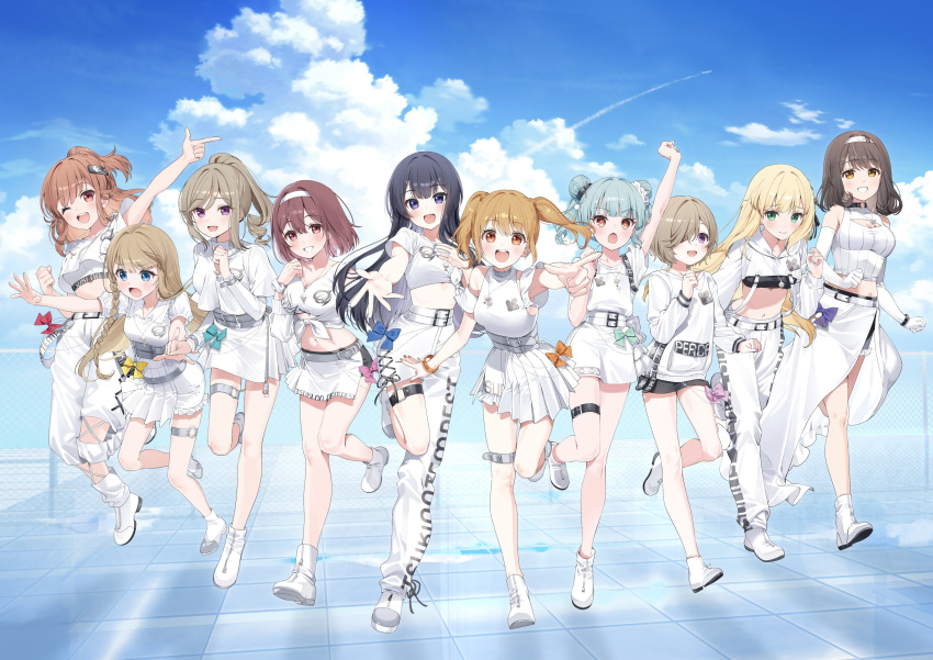 6+girls :d ;d a20_(atsumaru) absurdres arm_up blonde_hair blue_eyes blue_sky bow bracelet breasts brown_eyes cloud collar collared_shirt detached_sleeves double_bun elbow_gloves finger_gun gloves green_bow green_eyes green_hair grin hair_bun hairband hayasaka_mei highres hyodou_shizuku ibuki_nagisa ichinose_rei idoly_pride jewelry kawasaki_sakura_(idoly_pride) medium_hair midriff multiple_girls nagase_kotono narumiya_suzu navel necklace official_art one_eye_closed pants pink_bow pleated_skirt pointing ponytail purple_bow purple_eyes red_bow saeki_haruko_(idoly_pride) shiraishi_chisa shiraishi_saki shirt short_hair skirt sky sleeveless sleeveless_shirt smile twintails white_footwear white_gloves white_hairband white_skirt yellow_bow