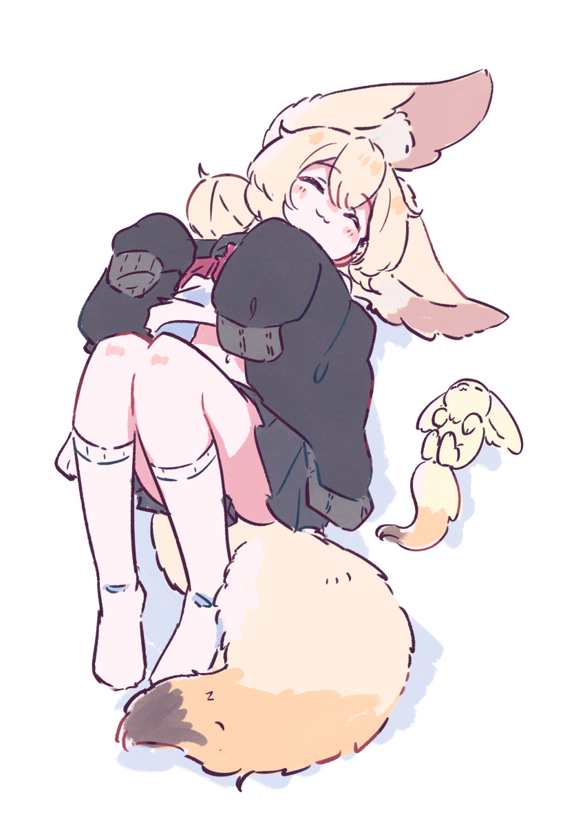 :3 absurdres animal_ears black_jacket black_skirt blonde_hair blush closed_eyes commentary_request creature_and_personification double_bun female fennec_fox fluffy fox_ears fox_girl fox_tail full_body hair_between_eyes hair_bun highres jacket large_ears long_sleeves lying medium_hair megateru midriff miniskirt navel off_shoulder on_back open_clothes open_jacket original pleated_skirt puffy_long_sleeves puffy_sleeves red_eyes school_uniform serafuku shirt simple_background skirt sleeves_past_fingers sleeves_past_wrists socks tail white_background white_shirt white_socks