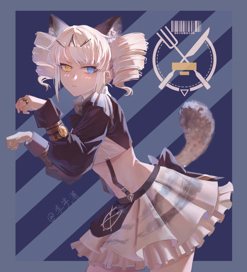 animal_ears annoyed apron back_bow barcode black_apron black_bow blue_background blue_eyes blush_stickers bow bracelet chinese_commentary commentary cowboy_shot crop_top cutlery drill_hair female frilled_skirt frills hair_ornament heterochromia highres jewelry karenina:_ember_(deed_of_snow_leopard)_(punishing:_gray_raven) karenina_(punishing:_gray_raven) layered_skirt leaning_forward leopard_ears leopard_girl leopard_tail light_frown lishijiu looking_at_viewer maid midriff neck_ribbon official_alternate_costume paw_pose procreate_(medium) punishing:_gray_raven ribbon ring signature skirt solo stomach suspender_skirt suspenders swept_bangs tail twin_drills unconventional_maid waist_apron white_hair white_skirt yellow_eyes